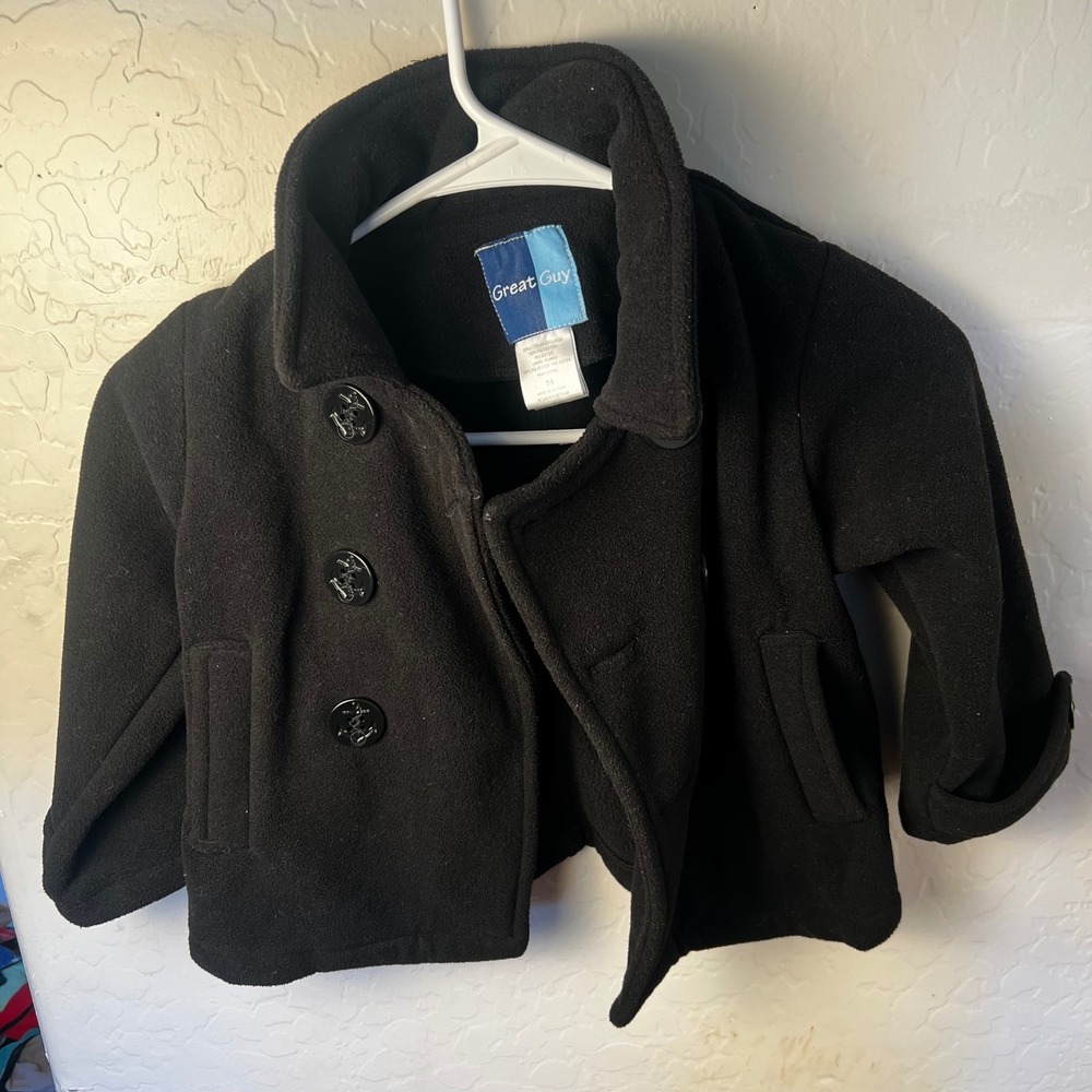 Great Guy Toddler Boys Black Fleece Pea Coat Anchor Buttons Size 5/5